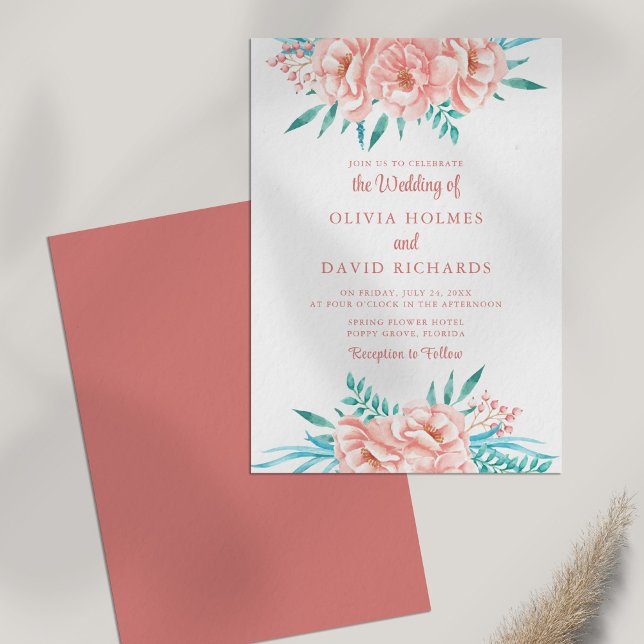 Boho Peach and Pink Floral Wedding Invitation (Boho Peach and Pink Floral Wedding Invitation on white table.)