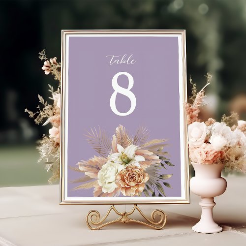 Boho Peach and Purple Floral Wedding Table Number