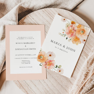 Boho Peach & Blush Floral Wedding Invitation