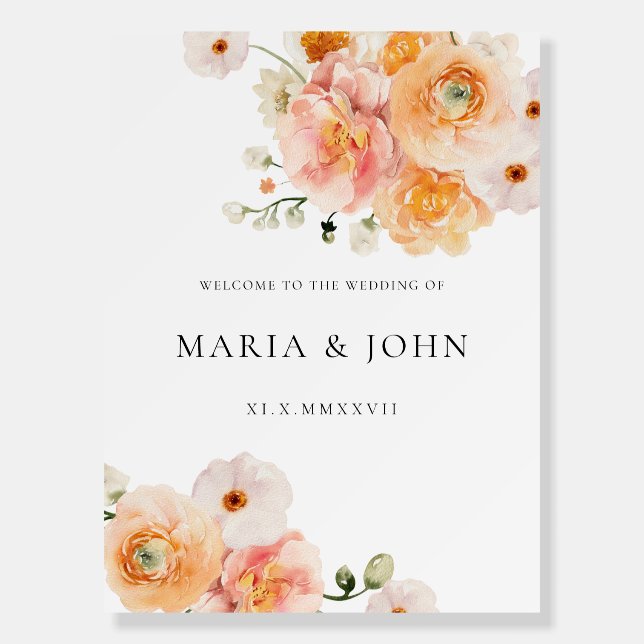 Boho Peach & Blush Floral Wedding Welcome Sign (Front)