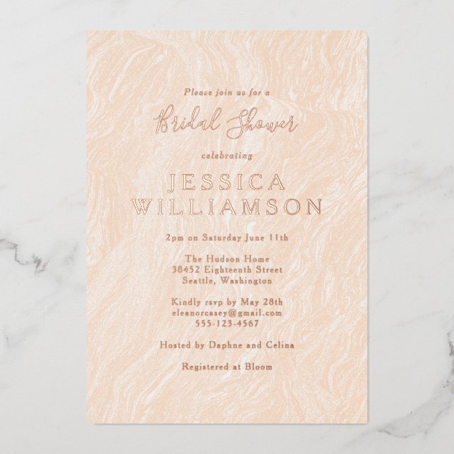 Boho Peach Blush Marble Bridal Shower Rose Gold  Foil Invitation (Front)