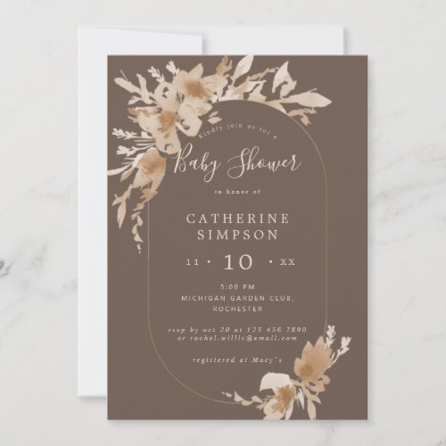 boho peach brown floral oblong baby shower invitation