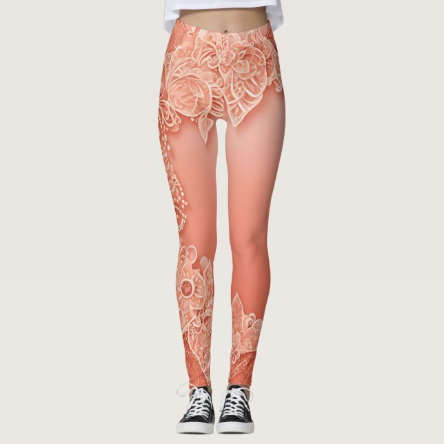 Boho Peach Coral Mandala Lace Pattern AI art  Leggings (Front)