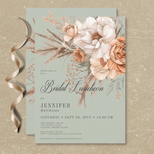 Boho Peach  Cream Floral Green Bridal Luncheon Invitation