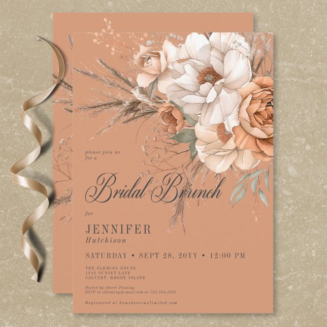 Boho Peach & Cream Floral Rust Bridal Brunch Invitation (Boho Peach & Cream Floral Rust Bridal Brunch Invitation)