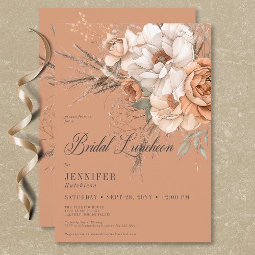 Boho Peach  Cream Floral Rust Bridal Luncheon Invitation