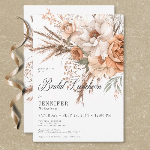 Boho Peach  Cream Floral White Bridal Luncheon Invitation