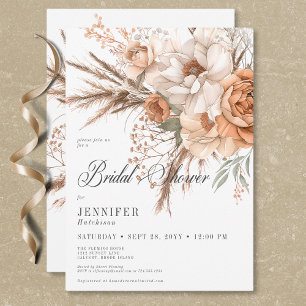 Boho Peach & Cream Floral White Bridal Shower Invitation