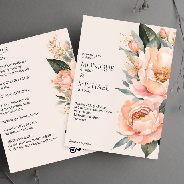 Boho peach earthy floral all in one wedding invitation (Boho peach earthy floral all in one wedding invitation template digital download summer flowers)
