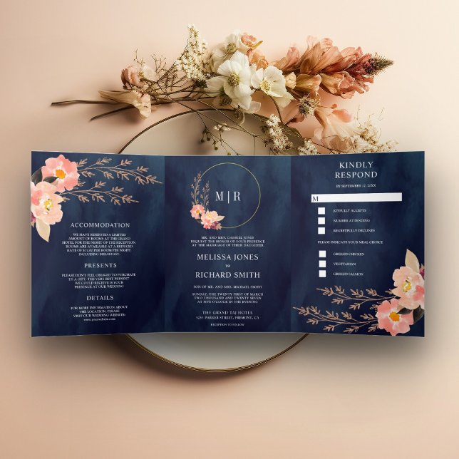 Boho Peach Floral All In One Navy Blue Wedding Tri-Fold Invitation (Creator Uploaded)