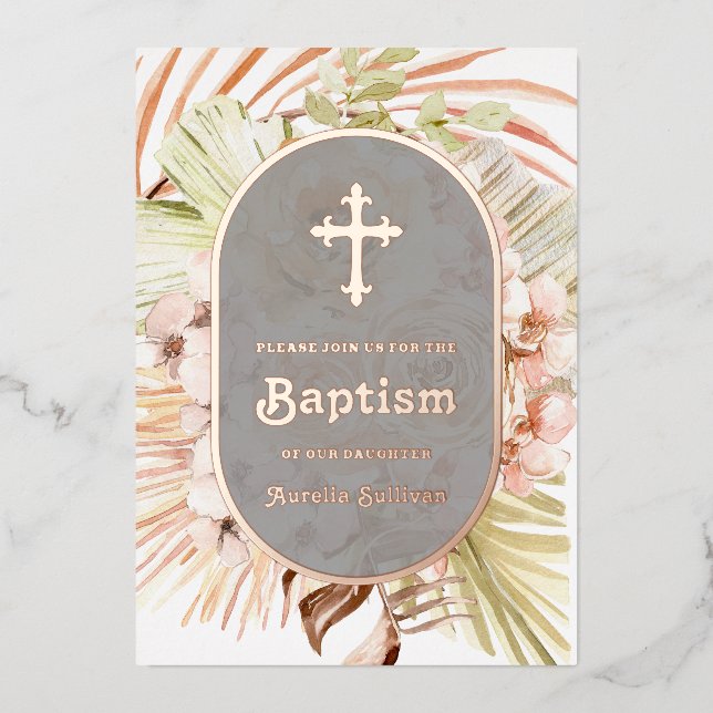 Boho Peach Floral Bouquet Baptism Foil Invitation (Front)