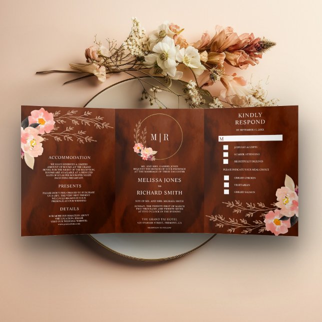 Boho Peach Floral Burnt Orange Terracotta Wedding Tri-Fold Invitation (Creator Uploaded)