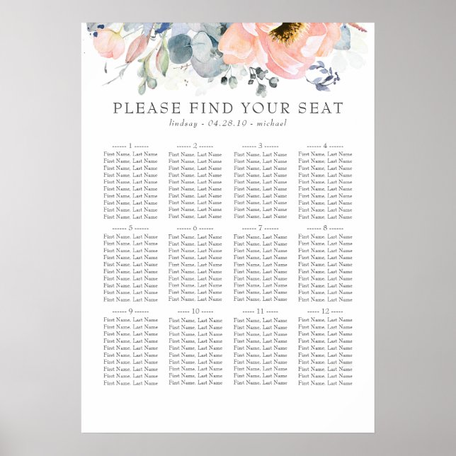 Boho Peach Floral Dusty Blue Wedding Seating Chart (Front)