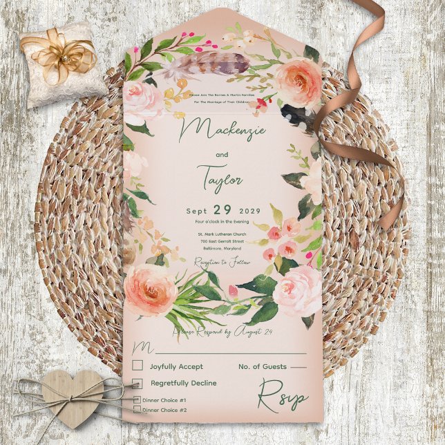 Boho Peach Floral Wreath & Feathers Dinner All In One Invitation (Creator Uploaded)