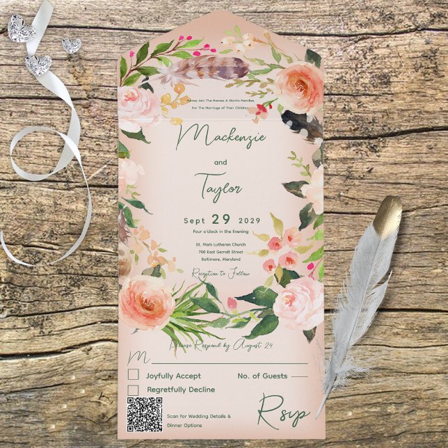 Boho Peach Floral Wreath & Feathers QR Code All In One Invitation (Creator Uploaded)