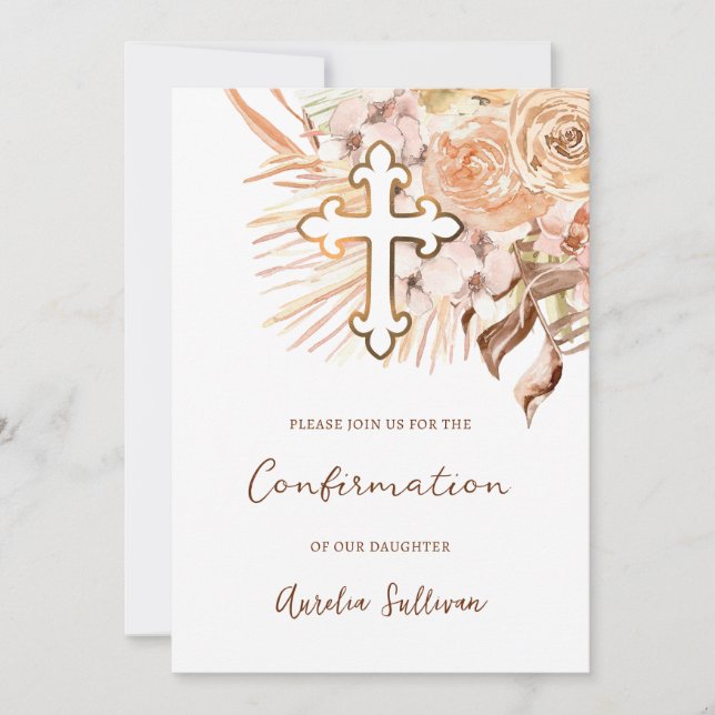 Boho Peach Flowers Confirmation Invitation (Front)