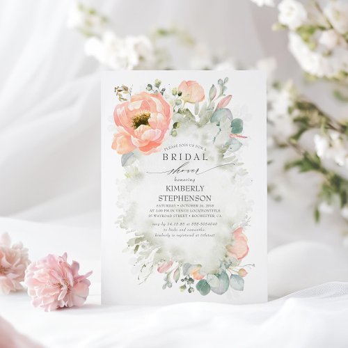 Boho Peach Flowers Elegant Garden Bridal Shower Invitation