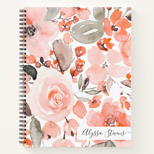 Boho peach flowers floral watercolor pattern  notebook