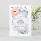 Boho Peach Flowers Soft Dusty Blue Bridal Shower Invitation (Standing Front)