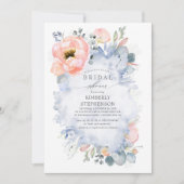 Boho Peach Flowers Soft Dusty Blue Bridal Shower Invitation (Front)