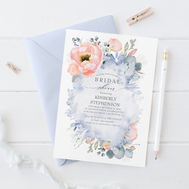 Boho Peach Flowers Soft Dusty Blue Bridal Shower Invitation