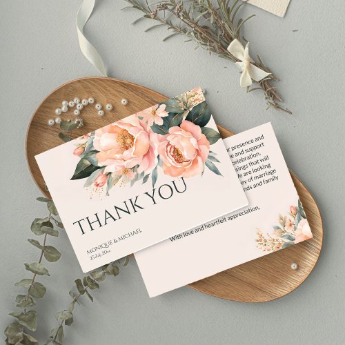 Boho peach green earthy floral wedding thank you card