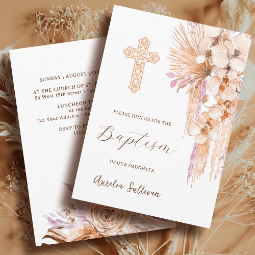 Boho Peach Lilac Baptism Invitation