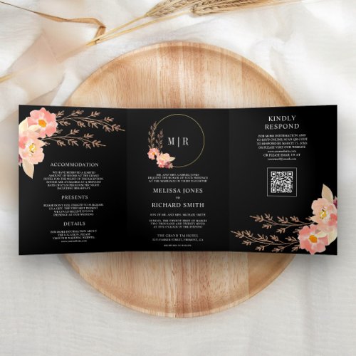 Boho Peach Orchid Floral QR Code Black Wedding Tri-Fold Invitation