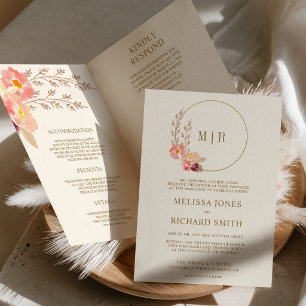 Boho Peach Orchid Floral QR Code Ivory Wedding Invitation