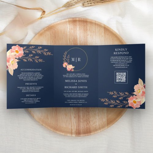 Boho Peach Orchid Floral QR Code Navy Blue Wedding Tri-Fold Invitation