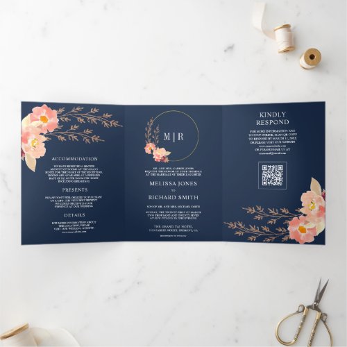 Boho Peach Orchid Floral QR Code Navy Blue Wedding Tri-Fold Invitation