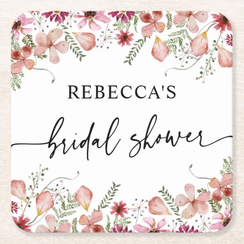 Boho Peach Pink Wildflowers Bridal Shower Square Paper Coaster
