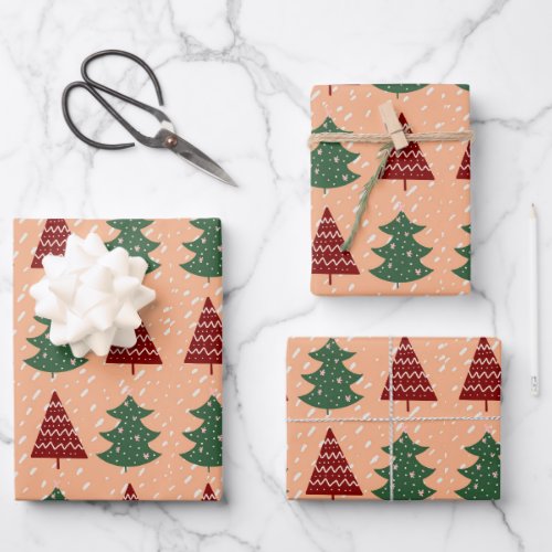 Boho Peach Red Green Christmas Trees Holiday  Wrapping Paper Sheets