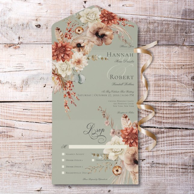 Boho Peach & Rust Floral & Feather Green Dinner All In One Invitation (Boho Peach & Rust Floral & Feather Green Dinner All In One Invitation)