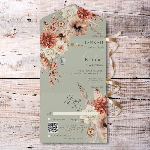 Boho Peach  Rust Floral  Feather Green QR Code All In One Invitation