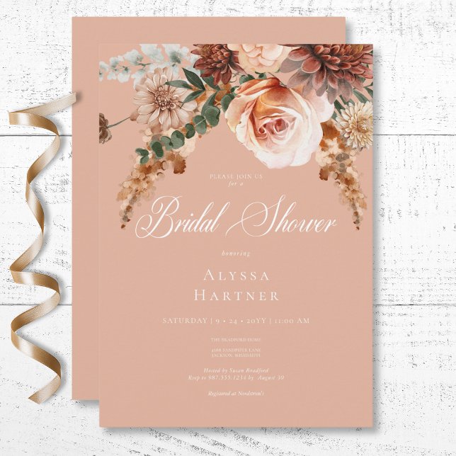 Boho Peach & Rust Floral Peach Blush Bridal Shower Invitation (Boho Peach & Rust Floral Peach Blush Bridal Shower Invitation)