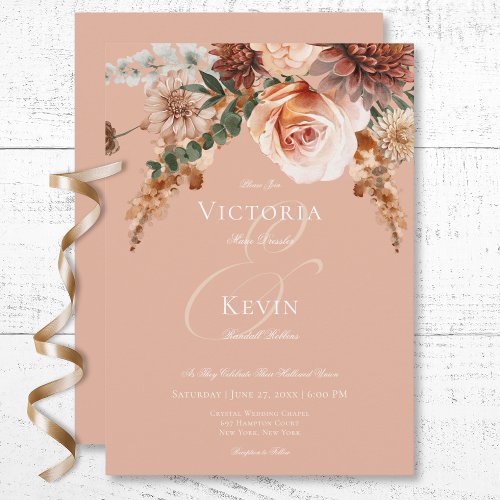 Boho Peach  Rust Floral Peach Blush Wedding Invitation