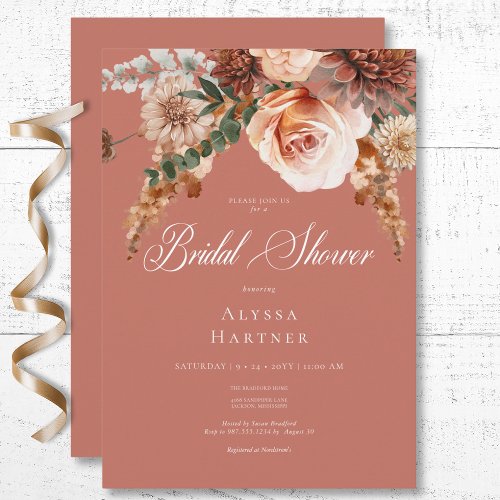 Boho Peach  Rust Floral Rust Bridal Shower Invitation