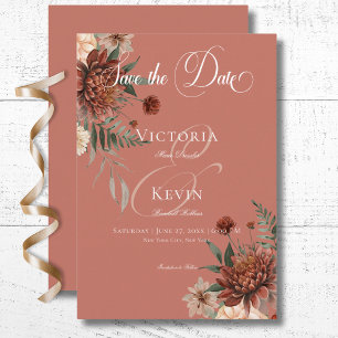 Boho Peach & Rust Floral Rust Wedding Save The Date