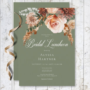 Boho Peach & Rust Floral Sage Green Bridal Lunch Invitation