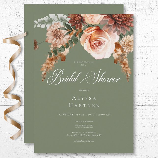 Boho Peach & Rust Floral Sage Green Bridal Shower Invitation (Boho Peach & Rust Floral Sage Green Bridal Shower Invitation)