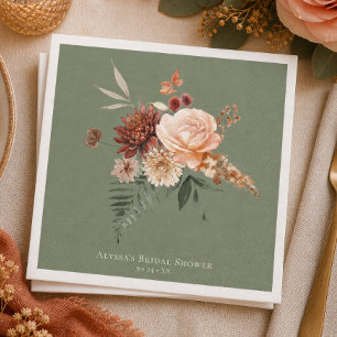 Boho Peach & Rust Floral Sage Green Bridal Shower Napkins