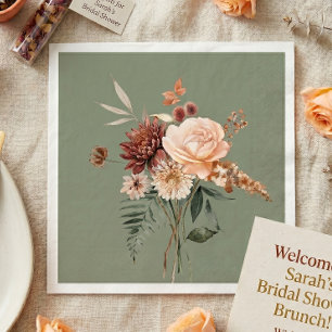 Boho Peach & Rust Floral Sage Green Bridal Shower Napkins
