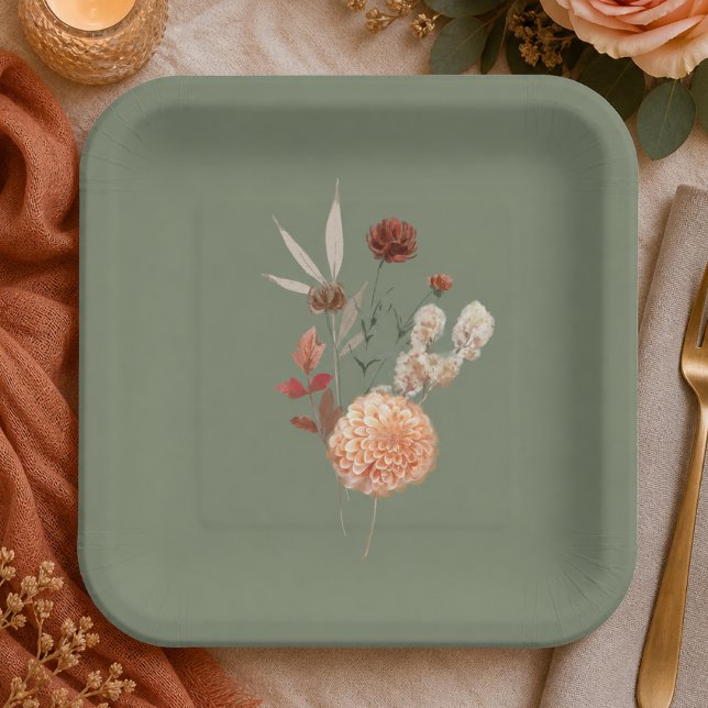 Boho Peach & Rust Floral Sage Green Bridal Shower Paper Plates (Creator Uploaded)