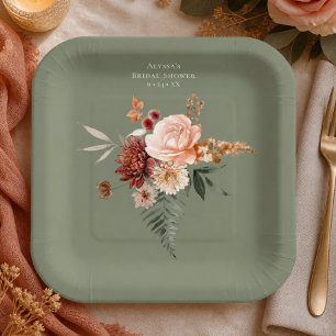 Boho Peach & Rust Floral Sage Green Bridal Shower Paper Plates