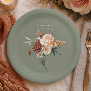 Boho Peach & Rust Floral Sage Green Bridal Shower Paper Plates
