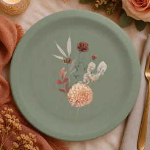Boho Peach & Rust Floral Sage Green Bridal Shower Paper Plates