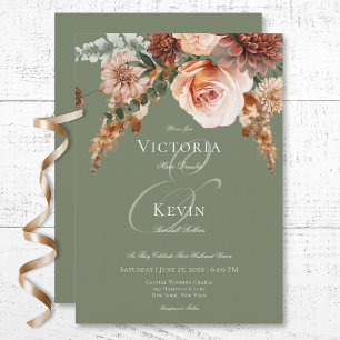 Boho Peach & Rust Floral Sage Green Wedding Invitation