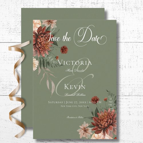 Boho Peach  Rust Floral Sage Green Wedding Save The Date