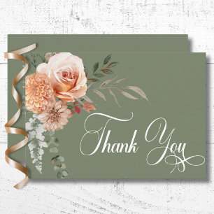 Boho Peach & Rust Floral Sage Green Wedding Thank You Card